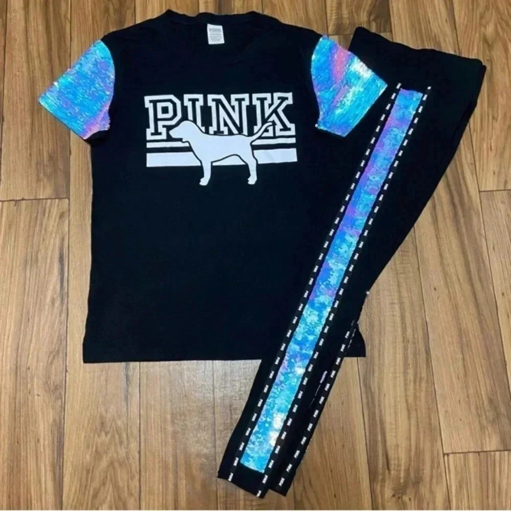 VS PINK  BLING MERMAID TSHIRT/ YOGA LEGGINGS OUTFIT